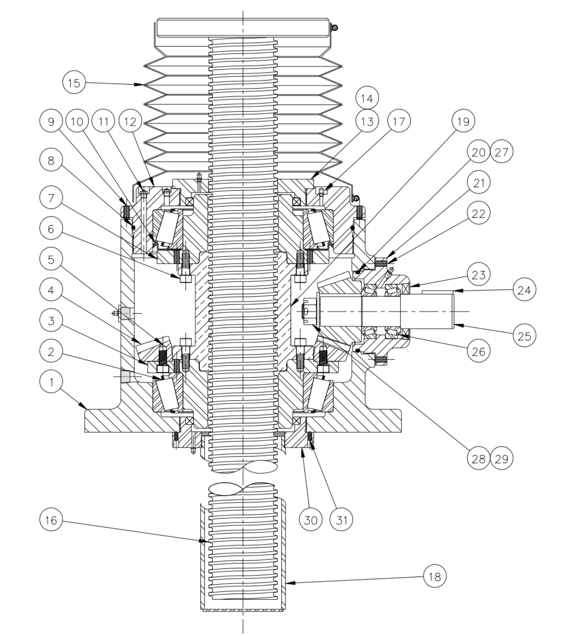 The exploded diagram of the worm gear box assembly. The parts are